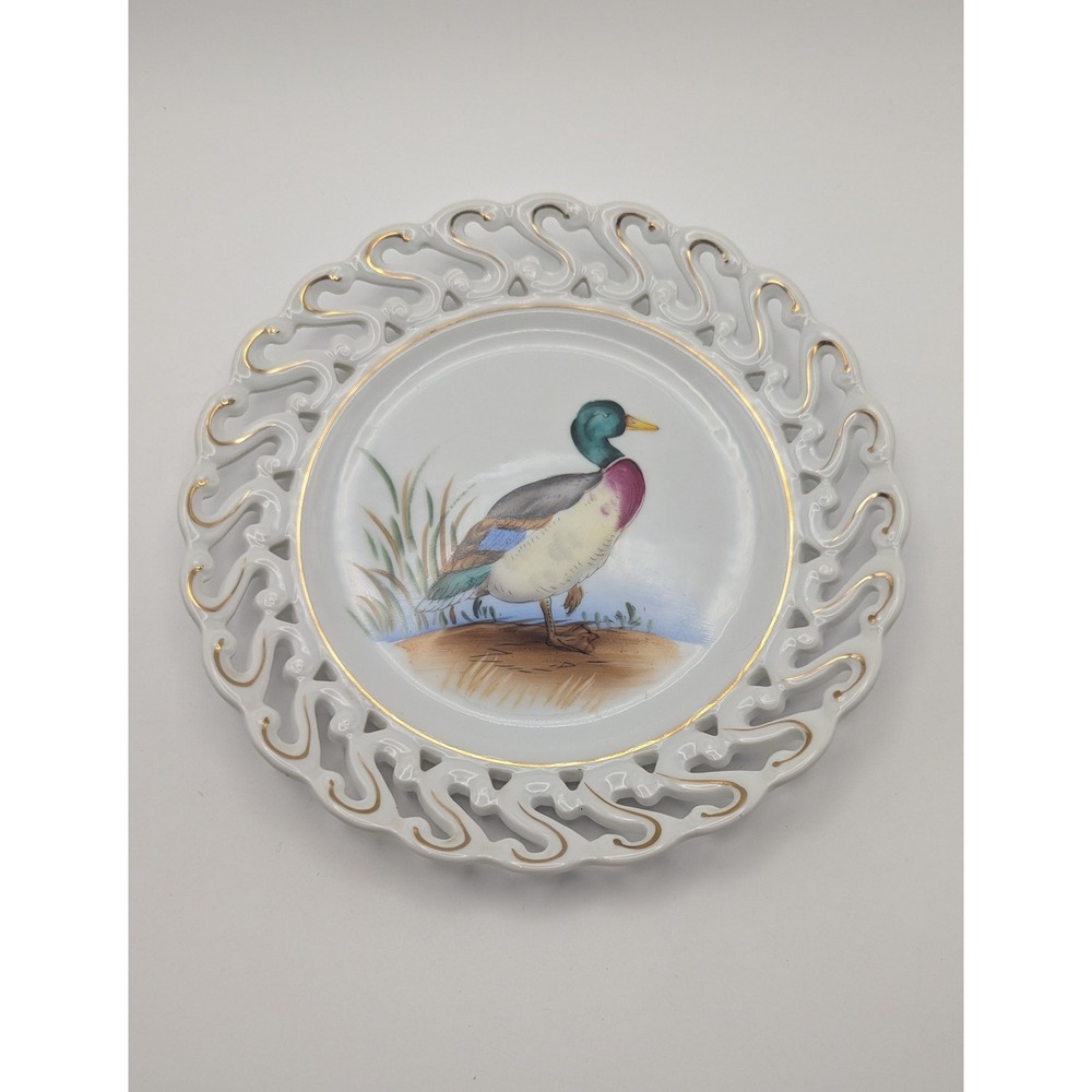 Vintage Reticulated Porcelain Mallard Duck Cabinet Plate Gold Gilt Pierced Edge